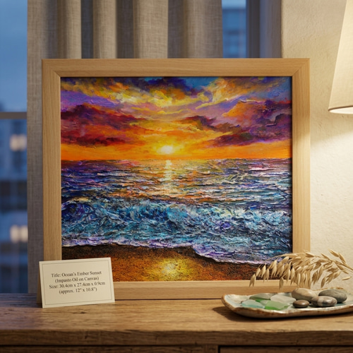 黄金色に輝く海と空の夕景 油絵 原画 色紙(サイズ) 【いつか見た黄金色