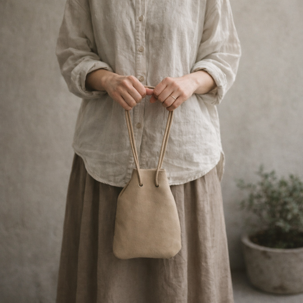 やわらかさを連れて歩く。 本革 スウェード ベージュ ランタンバッグ｜気負わない一点もの