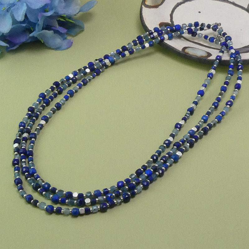天然石　超ロングネックレス「ラピスラズリとアクアマリン」キューブカット　二重　三重　超ロング　ラピスラズリ　アクアマリン