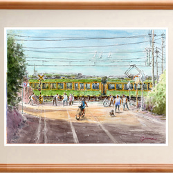水彩画原画 江ノ電・七里ヶ浜小動岬付近を走る ＃615 絵画