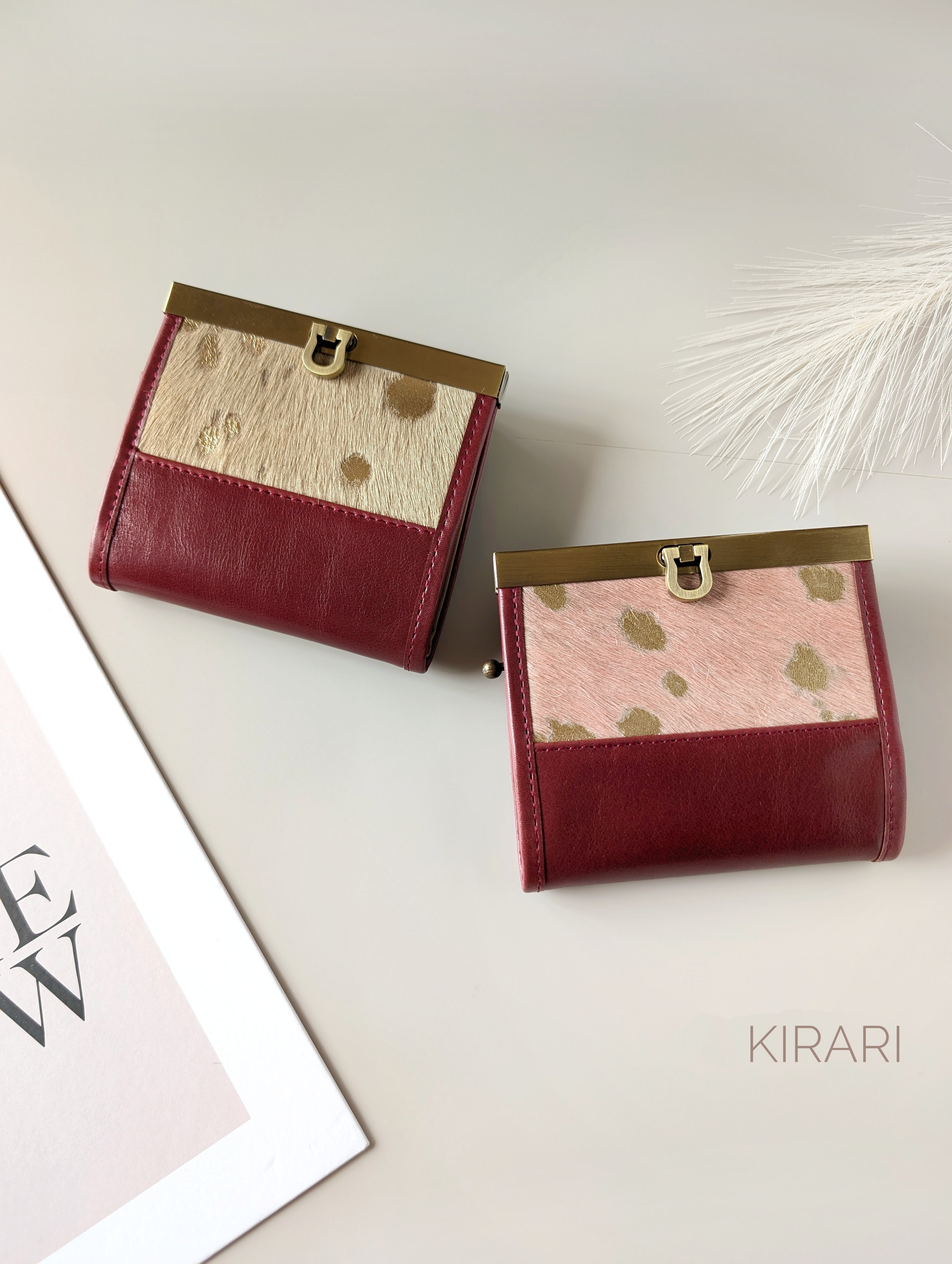 【選べる2色】お札が折らずに入るミニ財布 / ボルドー本革×金箔ハラコ / 大人のための、ご褒美ギフト ベージュ ピンク