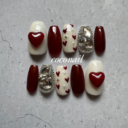 【オーダー】ネイルチップ　ボルドー韓国ワンホン手書きハート推し参戦Y2Kフレンチ オーダー】ネイルチップ ボルドー韓国ワンホン手書きハート推し参戦Y2K