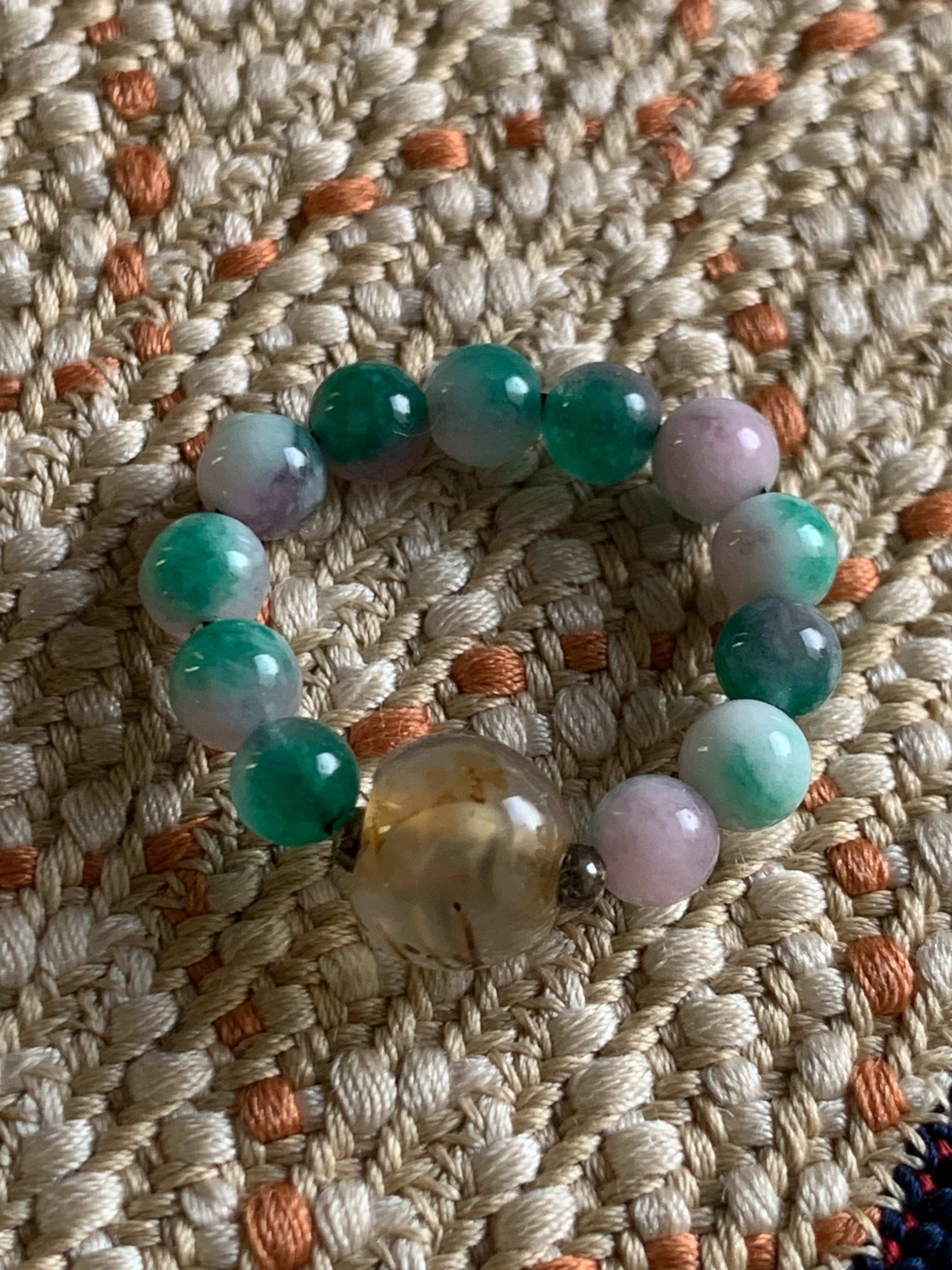 古いチベタン瑪瑙と花翡翠の指輪 護符石リング