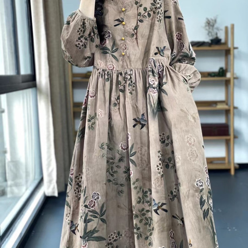 復古の文芸の民族の風のプリントの長袖のワンピース女性の春と秋の2025