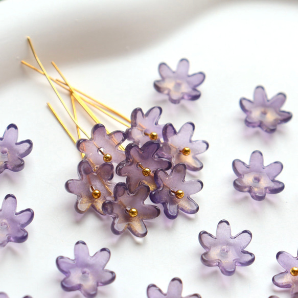 コスモス　菊　黄花コスモス　ガーベラ　お花のガラスビーズ  ゴールドグリッター×ダークパープルグラデーション 15枚目の画像