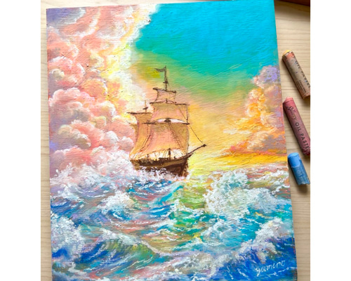 風景画　海　絵画　アート　海の絵　空　パステル　油絵　インテリア　自然　抽象画 原画】夢見る景色を航海する 壁掛けパネル 風景画 海の絵 インテリア