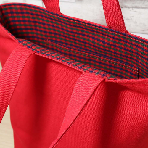 赤帆布×ファミリア風赤チェック 岡山帆布8号使用 たっぷりマチの可愛い