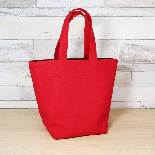 赤帆布×ファミリア風赤チェック 岡山帆布8号使用 たっぷりマチの可愛い