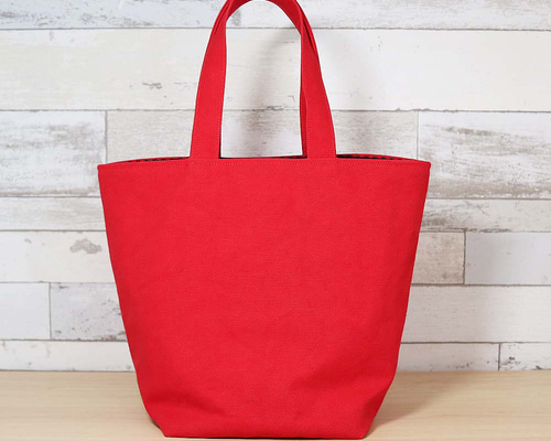 赤帆布×ファミリア風赤チェック 岡山帆布8号使用 たっぷりマチの可愛い