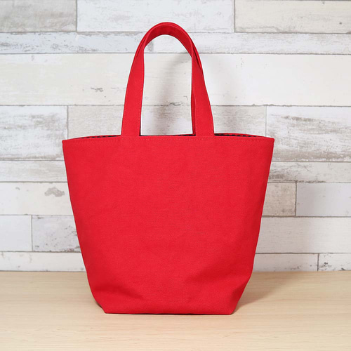 赤帆布×ファミリア風赤チェック 岡山帆布8号使用 たっぷりマチの可愛い