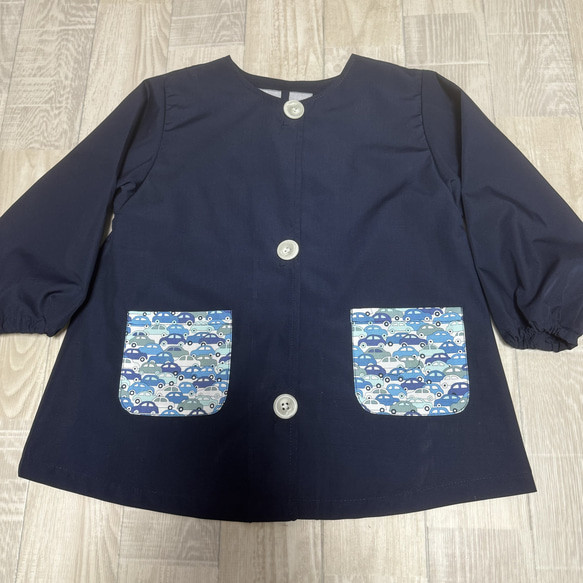 【80〜160】リバティ カーズ 綿ポリ ネイビー 前ボタン 長袖スモック 着丈延長可