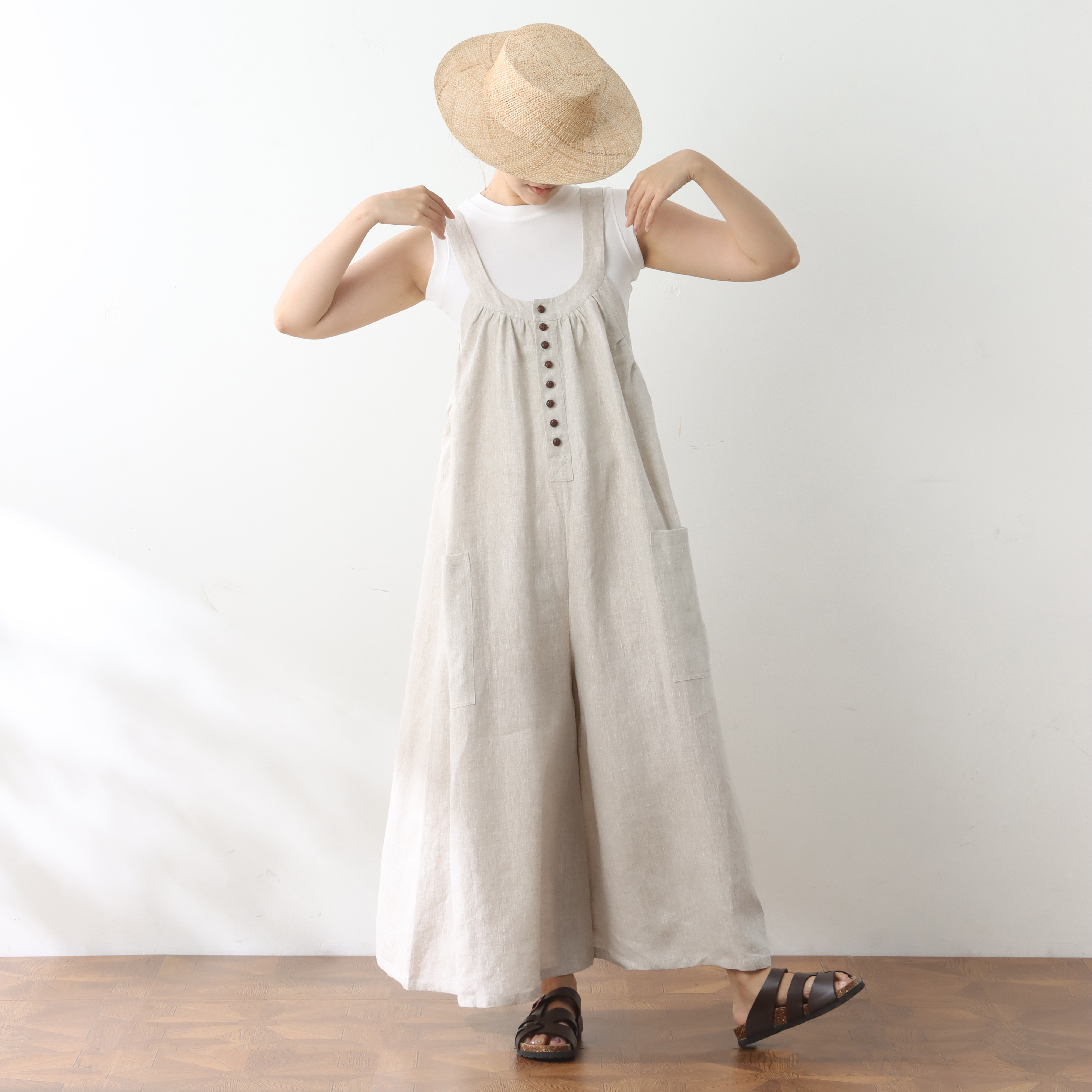 裾上げ無料♪サイズオーダー可♪全25色から　リネン100％　ゆったり　サロペットパンツ