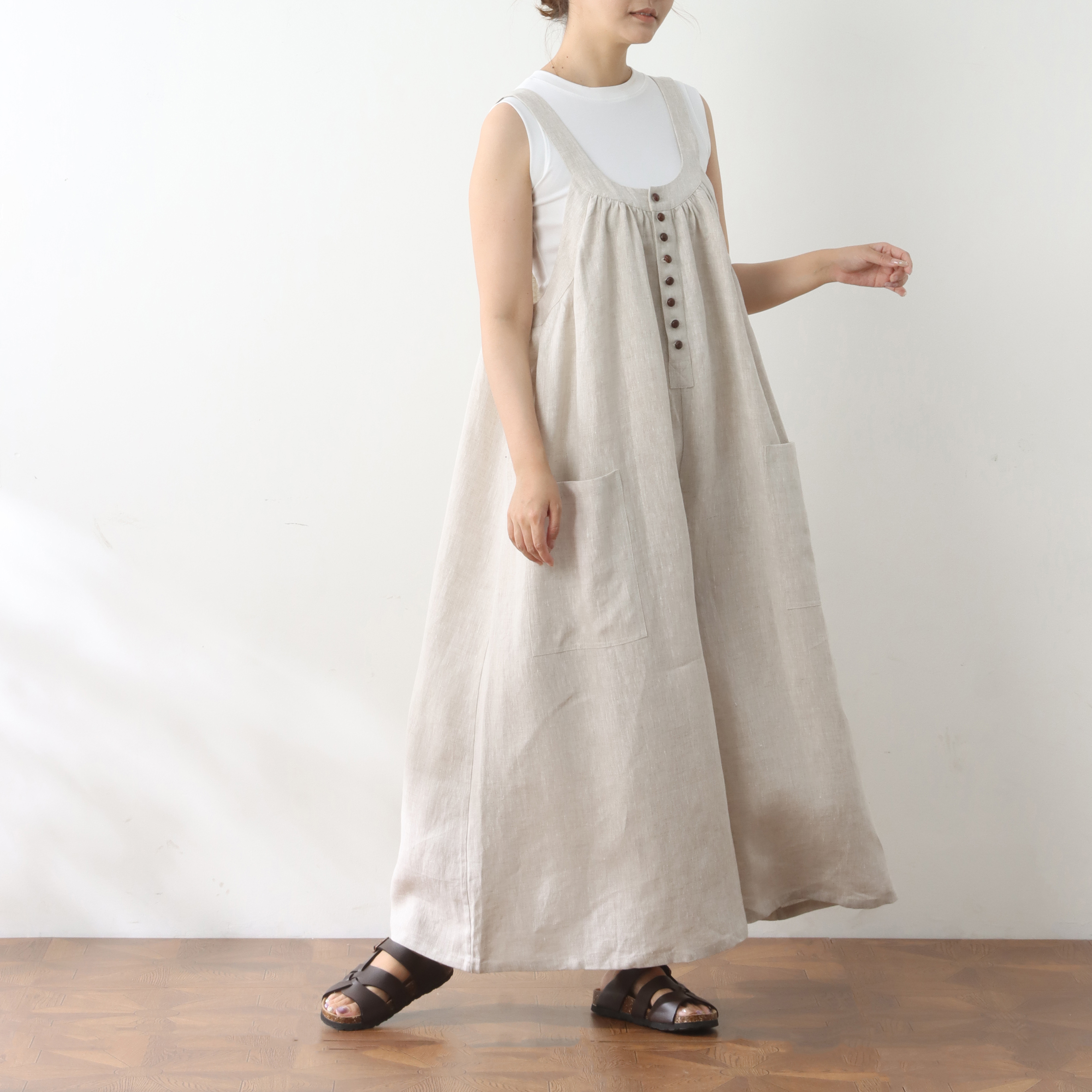 裾上げ無料♪サイズオーダー可♪全25色から　リネン100％　ゆったり　サロペットパンツ