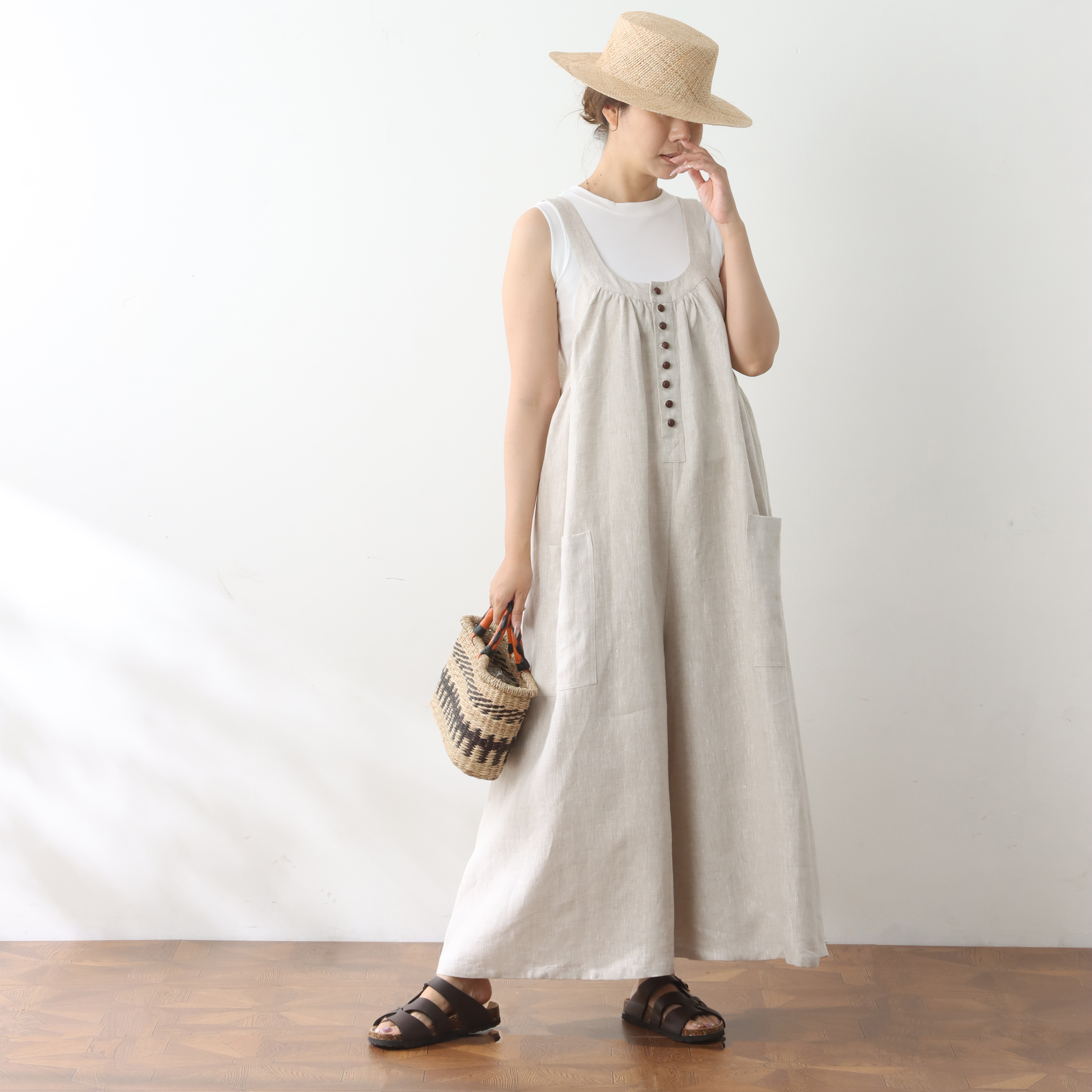 裾上げ無料♪サイズオーダー可♪全25色から　リネン100％　ゆったり　サロペットパンツ
