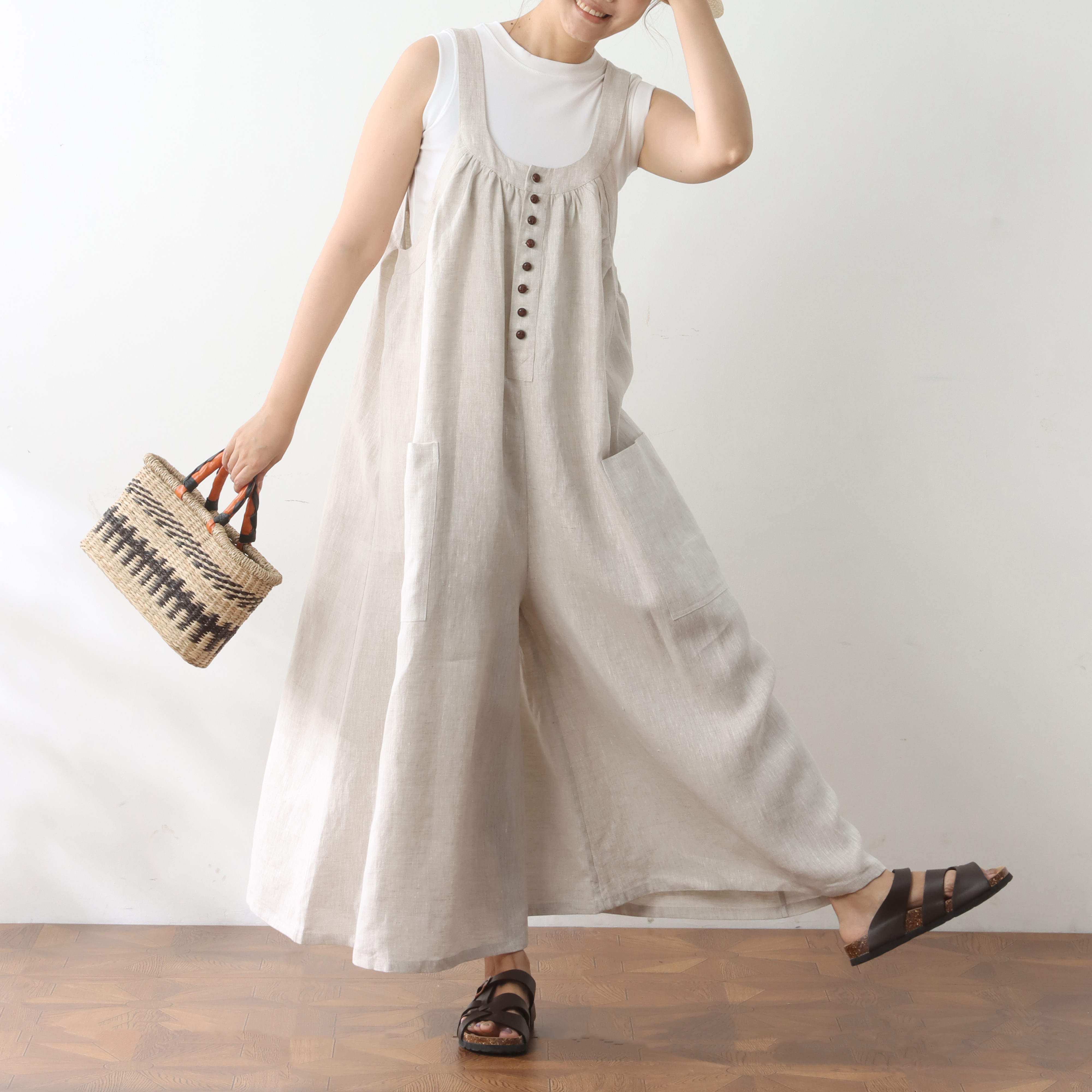 裾上げ無料♪サイズオーダー可♪全25色から　リネン100％　ゆったり　サロペットパンツ