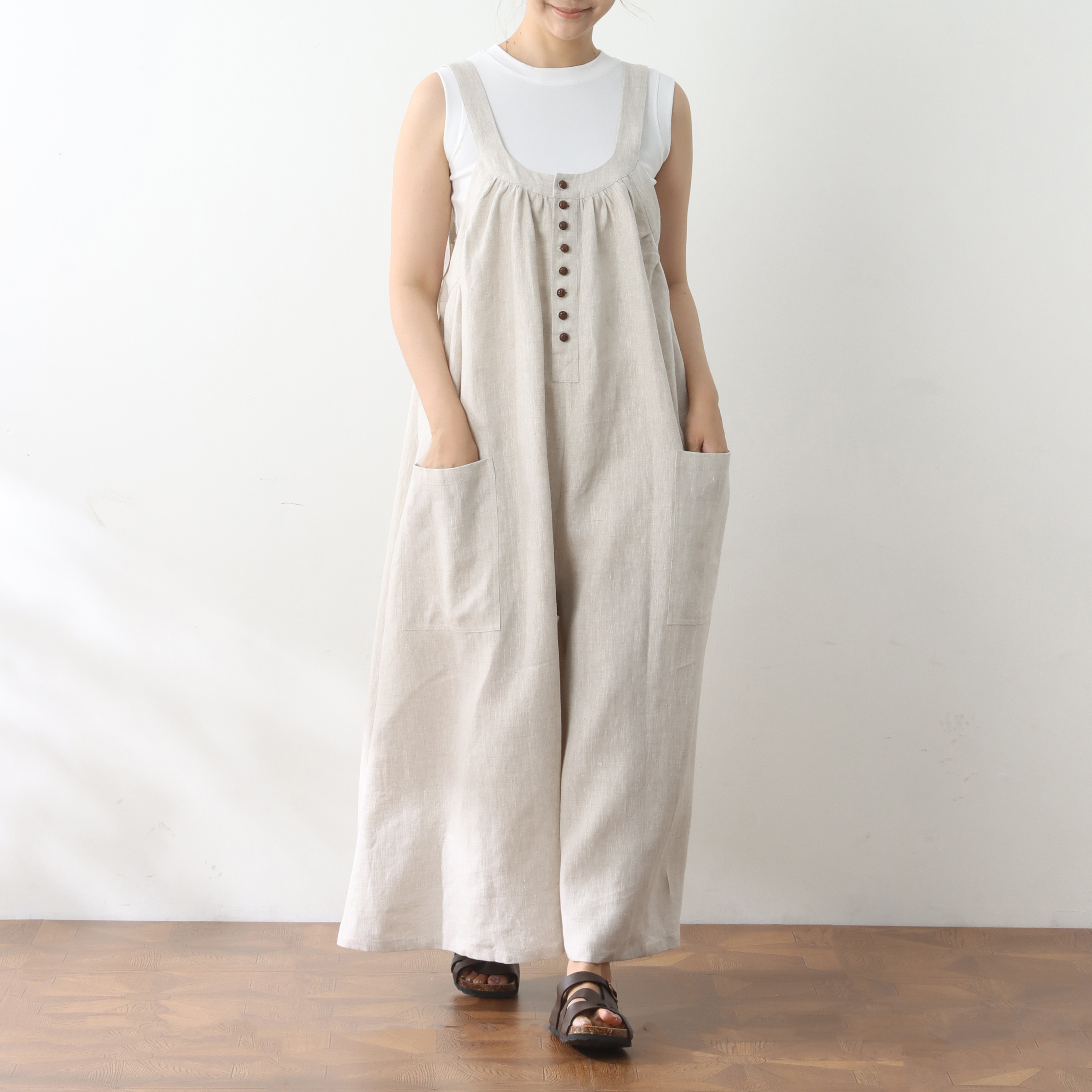 裾上げ無料♪サイズオーダー可♪全25色から　リネン100％　ゆったり　サロペットパンツ