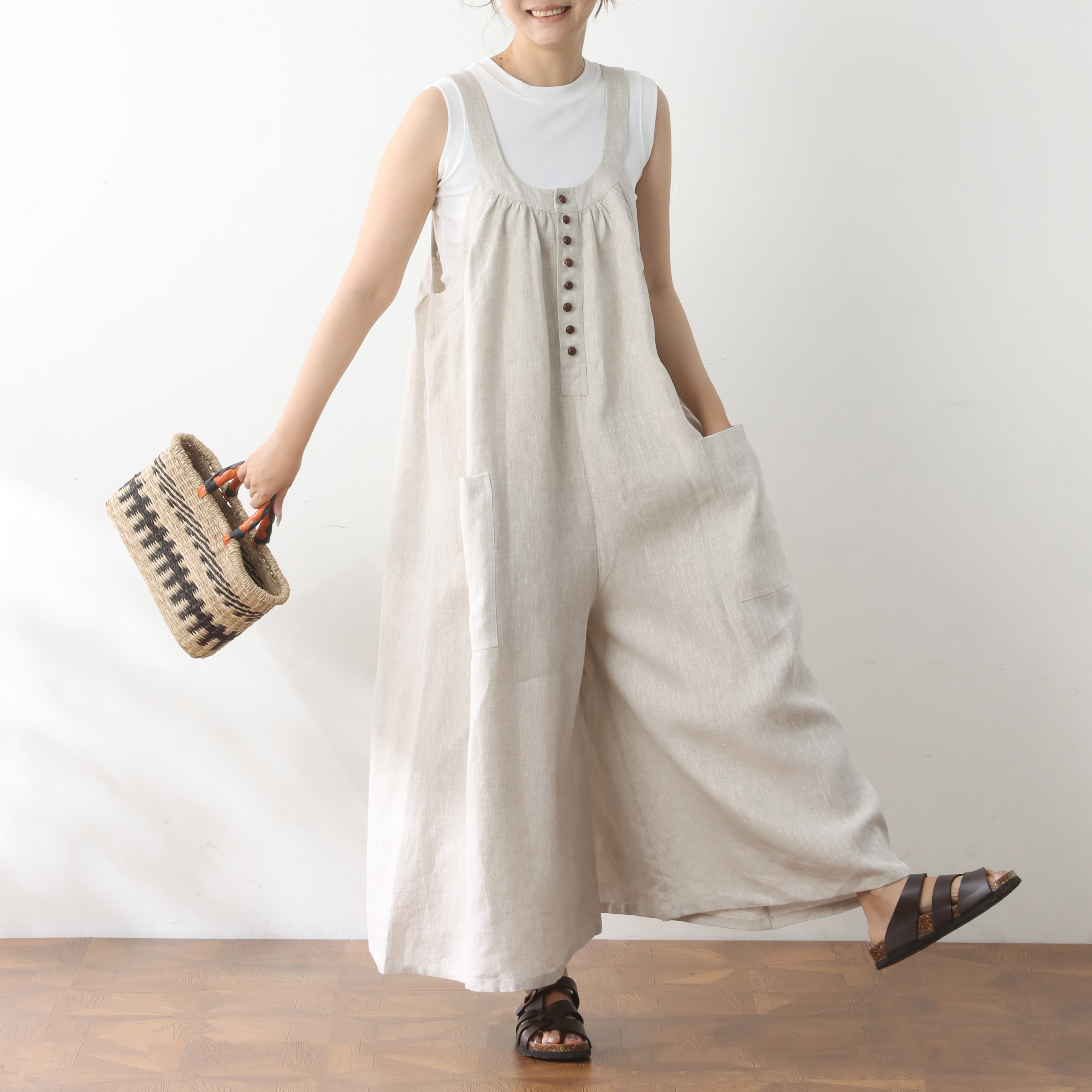 裾上げ無料♪サイズオーダー可♪全25色から　リネン100％　ゆったり　サロペットパンツ