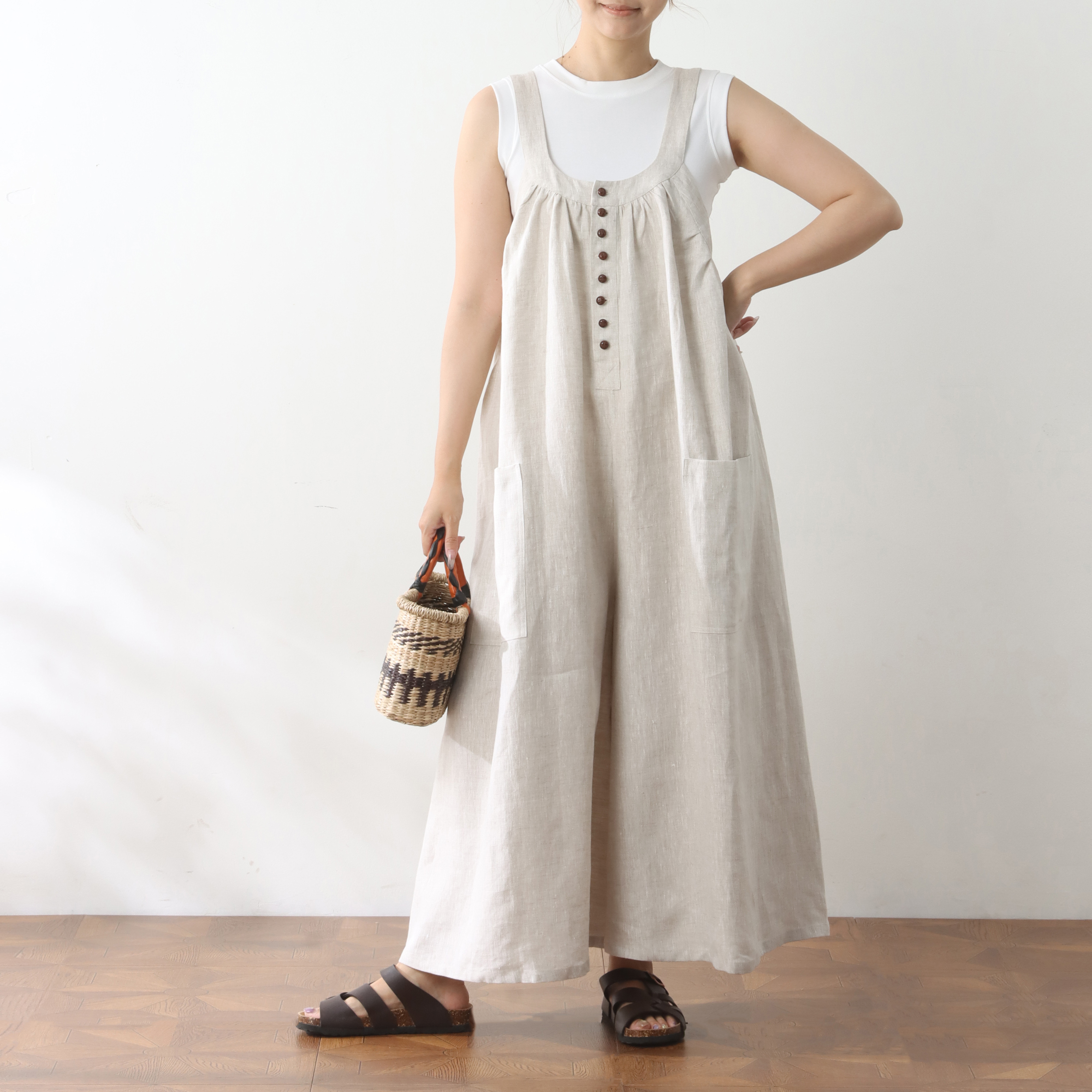 裾上げ無料♪サイズオーダー可♪全25色から　リネン100％　ゆったり　サロペットパンツ