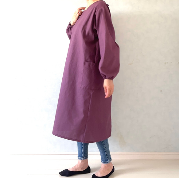 毎日の割烹着。しっかり素材で頼れる1枚。コットンリネンキャンバス『パープル』 10枚目の画像