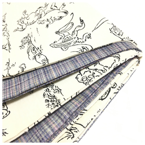 美品　鳥獣戯画ｘ紬　兵児帯　綿ｘ正絹　生成り　灰青　長さ420　巾15 美品 鳥獣戯画x紬 兵児帯 綿x正絹 生成り 灰青 長さ420 巾15