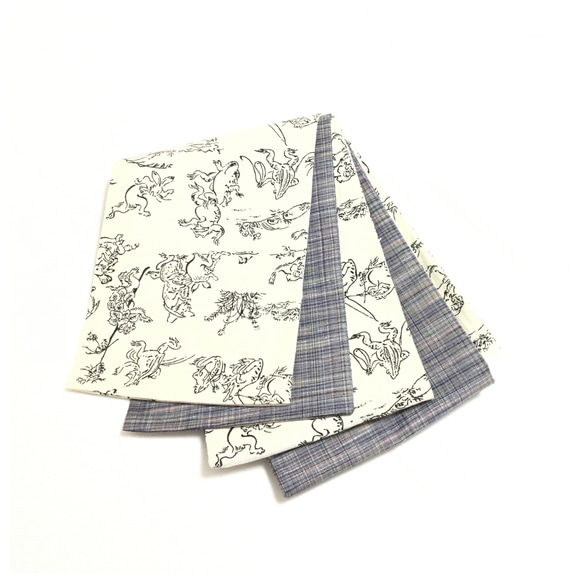 美品　鳥獣戯画ｘ紬　兵児帯　綿ｘ正絹　生成り　灰青　長さ420　巾15 美品 鳥獣戯画x紬 兵児帯 綿x正絹 生成り 灰青 長さ420 巾15
