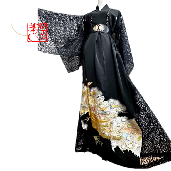 豪華！総刺繍 超ロング 留袖着物リメイク ドレス レース袖＆裾