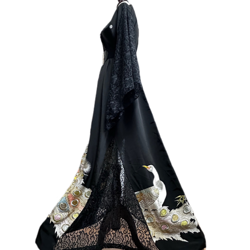 豪華！総刺繍 超ロング 留袖着物リメイク ドレス レース袖＆裾