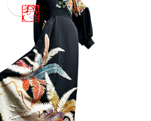 留袖 着物リメイク ドレス 左胸豪華帯地切替 和柄 ワンピース 松×花 丈