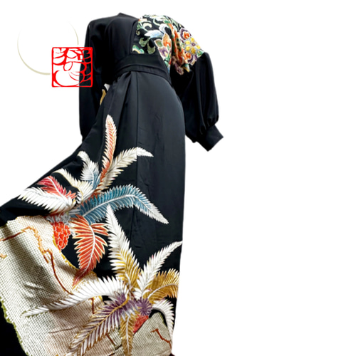 留袖 着物リメイク ドレス 左胸豪華帯地切替 和柄 ワンピース 松×花 丈