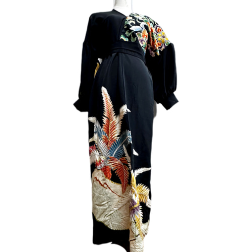 留袖 着物リメイク ドレス 左胸豪華帯地切替 和柄 ワンピース 松×花 丈