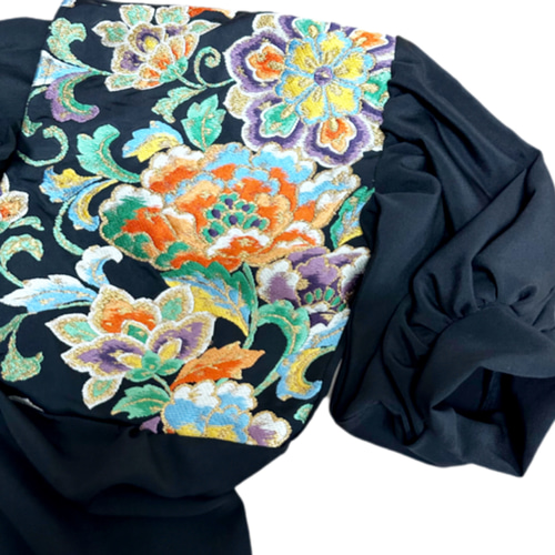 留袖 着物リメイク ドレス 左胸豪華帯地切替 和柄 ワンピース 松×花 丈