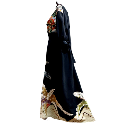 留袖 着物リメイク ドレス 左胸豪華帯地切替 和柄 ワンピース 松×花 丈