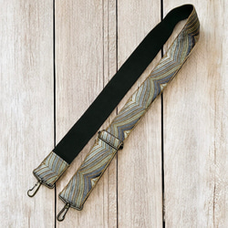 50mm太幅・斜め掛けショルダーストラップ濃灰べルト+シャンタン風の生地に銀系+金茶の豪華な波のような刺繍ショルダー 6枚目の画像