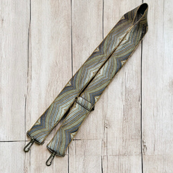 50mm太幅・斜め掛けショルダーストラップ濃灰べルト+シャンタン風の生地に銀系+金茶の豪華な波のような刺繍ショルダー 5枚目の画像