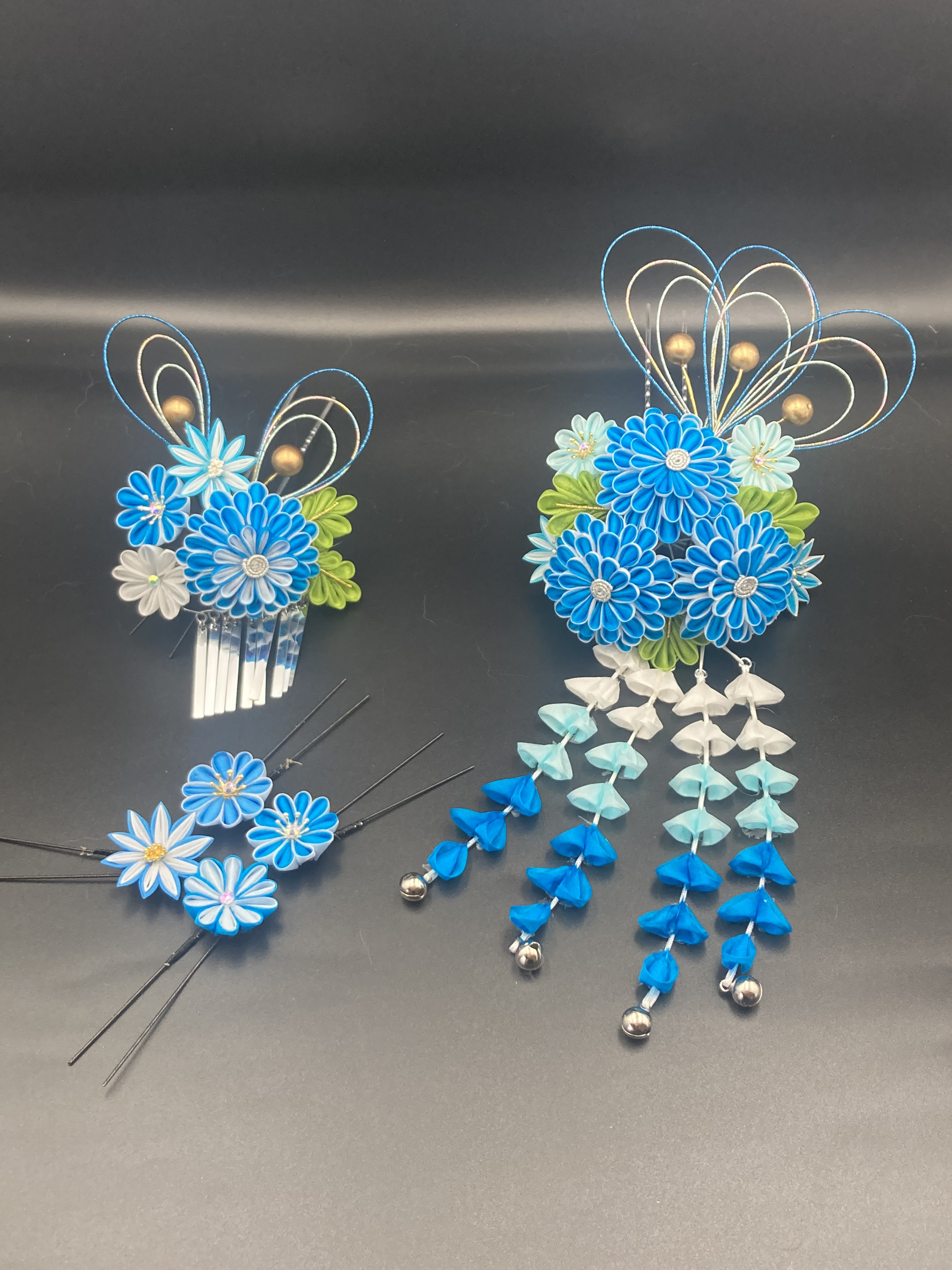 つまみ細工　正絹　髪飾り10点せット　（10）成人式髪飾り　七五三髪飾り　ヘアアクセサリー　和装髪飾り　和小物