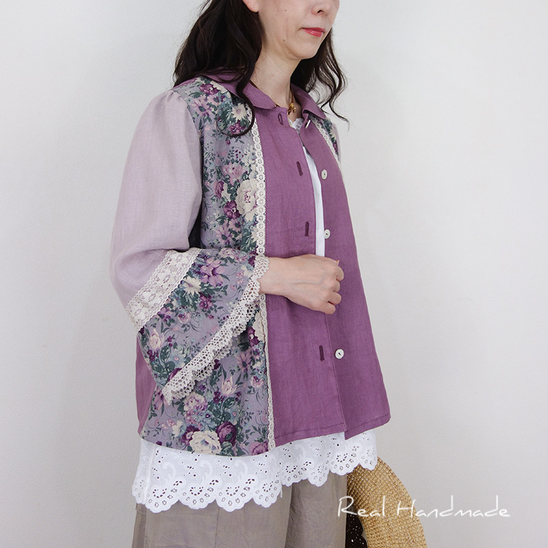 [予約販売] 葡萄色リネンとアンティークローズの彩り羽織りブラウス（セットアップ対応）
