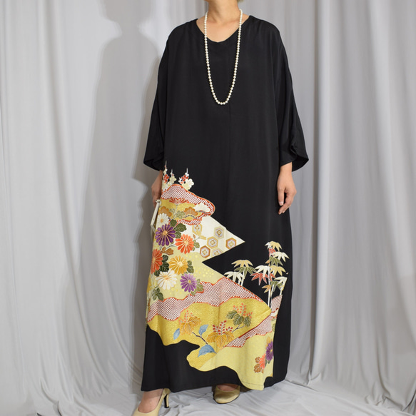 上品ワンピース, 黒留袖リメイク,ワンピース,上品な和モダンドレス