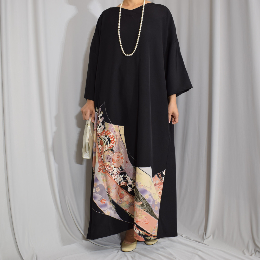 上品ワンピース, 黒留袖リメイク,ワンピース,上品な和モダンドレス