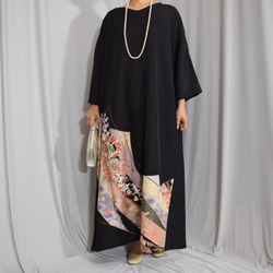 化繊,黒留袖リメイク 大きいサイズワンピース - 扇華やか 着物