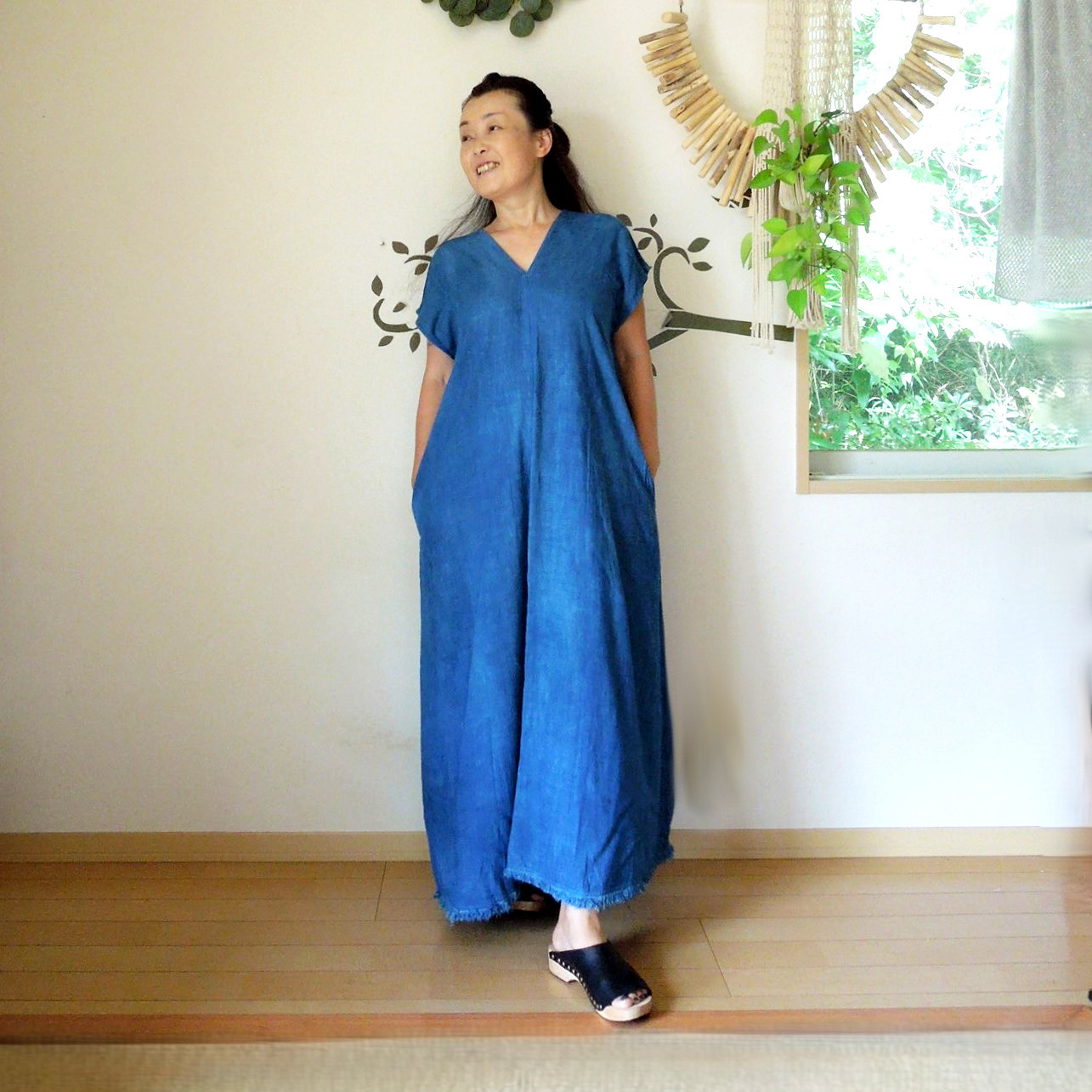 【再入荷】asana HEMP100% テロテロ 貫頭衣 ロング ワンピース●草木染めライトインディゴ