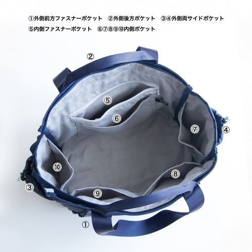 10ポケットトートバッグ［Lサイズ］撥水加工ナイロン｜ファスナー付