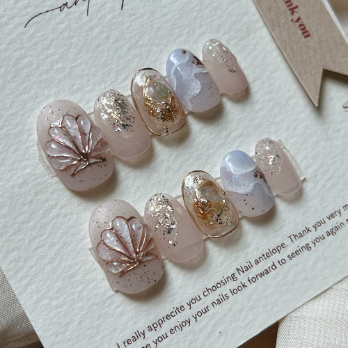 06ネイルチップ/短め/ブラウン/ミラー/ぷっくり/結婚式/振袖/リゾート