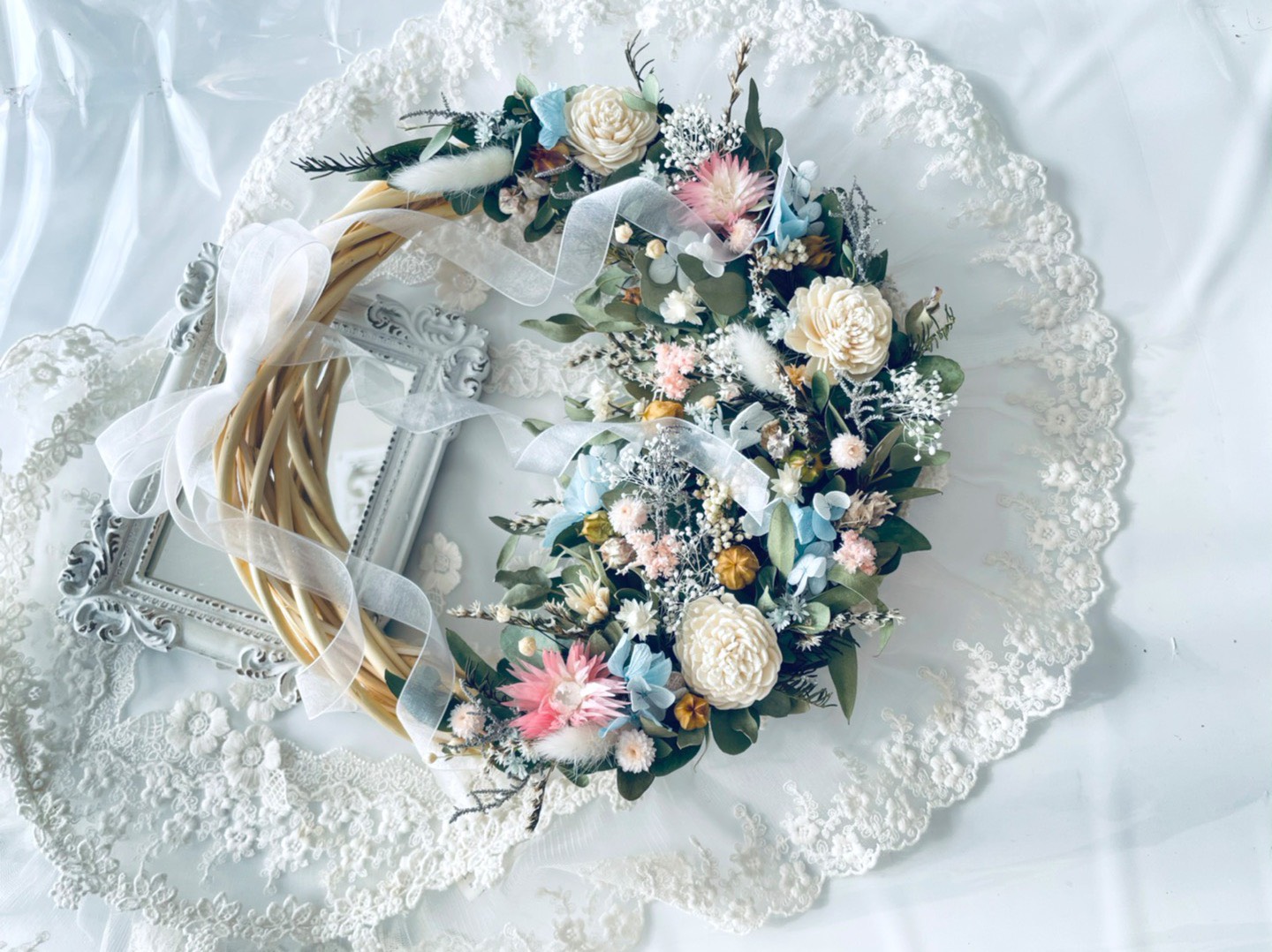 結婚祝い＊誕生日＊記念日＊サムシングブルーを添えたナチュラルリース