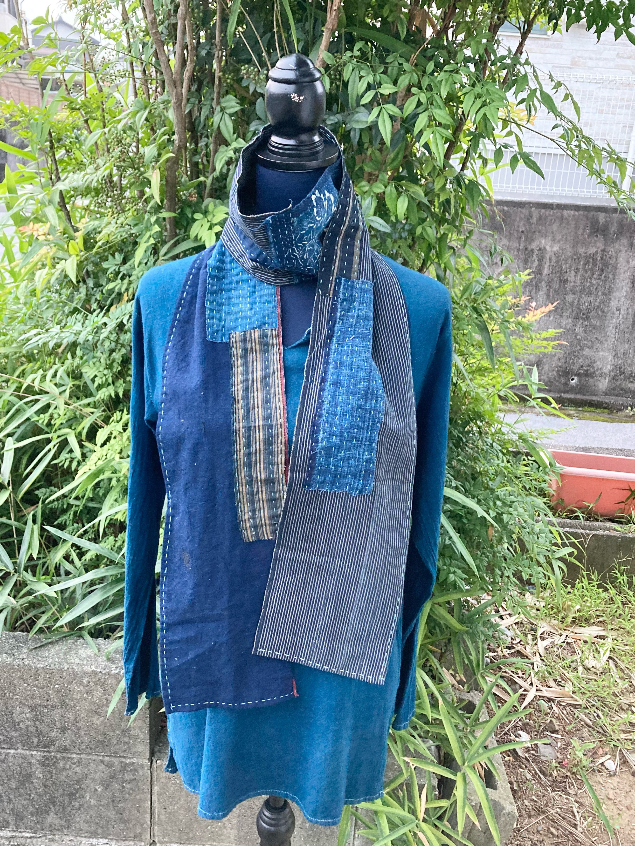 セール　刺し子 パッチワーク 手織り リメイク　襤褸　藍染　半纏　ロングコート セール 刺し子 パッチワーク 手織り リメイク 襤褸 藍染 半纏