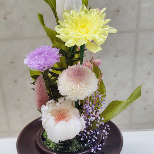 プリザーブドフラワー 仏花 ガラスドーム大 対 豪華 御供