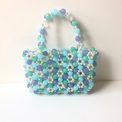 花柄ビーズバック お花のビーズバッグ 【ocean flowers】：milky blue mix ハンドバッグ