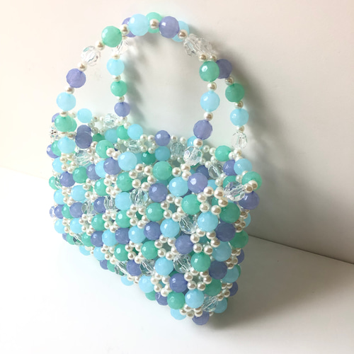 お花のビーズバッグ 【ocean flowers】：milky blue mix ハンドバッグ
