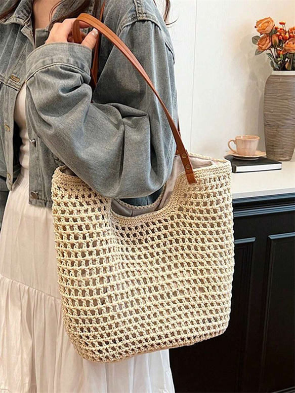 新入荷 中空 トートバッグ レディース 大容量 ストロー 編み ハンドバッグ ショルダーバッグ ヴィンテージ トラベル 14枚目の画像