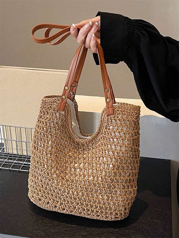 新入荷 中空 トートバッグ レディース 大容量 ストロー 編み ハンドバッグ ショルダーバッグ ヴィンテージ トラベル 3枚目の画像