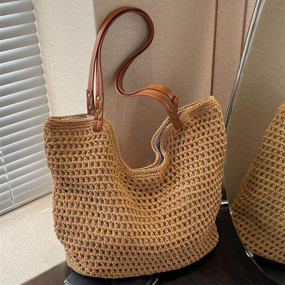 新入荷 中空 トートバッグ レディース 大容量 ストロー 編み ハンドバッグ ショルダーバッグ ヴィンテージ トラベル 1枚目の画像